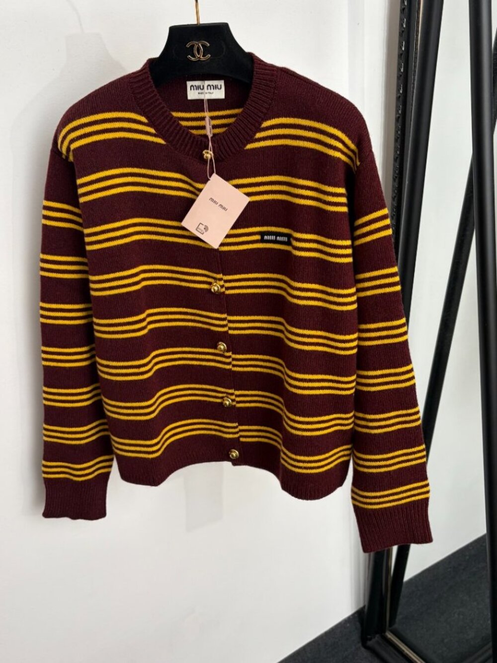 Miu Miu Striped Long-Sleeve Wool Knit Cardigan
